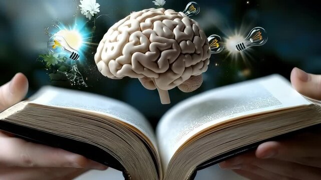 Brain hovering concept: learning focus, study symbol, knowledge source, mental power, book wisdom, education path, intellectual growth, cognitive skill, mind strength, academic journey, idea spark