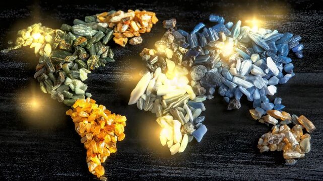 78Rare earth minerals arranged on a dark surface shaped like continents, representing the global supply chain under export control and geopolitical tension