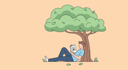 An open book, pages visible, one side blank, other with eyeglasses. Pink background, flat design