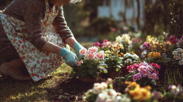Elderly woman plants colorful flowers in her front garden on a sunny day