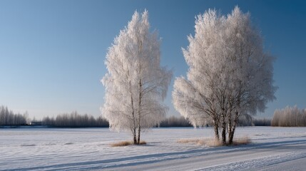 Obraz premium A tranquil scene with two bare trees surrounded by snow, set against a bright blue sky and distant fields, depicting winter's calm beauty