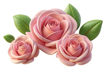 Three pink 3d roses with green leaves pink rose flower