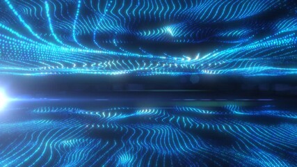 Abstract blue particle waves forming a digital glowing surface with futuristic energy flow - Powered by Adobe