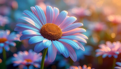Close up of a white daisy with a brown center glowing with soft golden light during sunset with a blurred field of pink daisies in the background