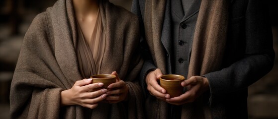 Two cups of coffee are held close, wrapped in a soft sweater, creating a warm and inviting atmosphere in a relaxed setting