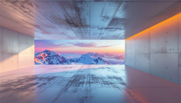 Vast Snowy Mountain Range Visible Through Futuristic Concrete Corridor Illuminated by Warm Sunset Glow and Orange Lights - Powered by Adobe