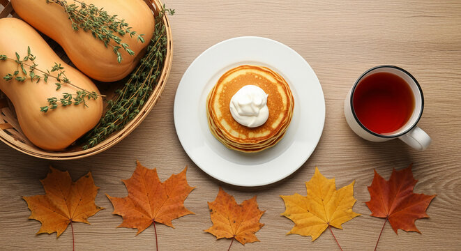 Top view of pancakes with cream, tea, pumpkins, and autumn leaves on a wooden surface, symbolizing autumn, harvest, and warmth, perfect for a seasonal concept