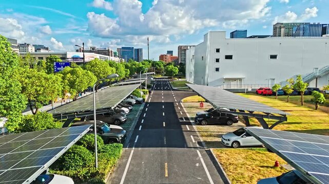 Urban Rooftop Solar Panel Installation Over Parking Lot With City Skyline
