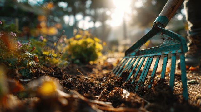 Person scrapes soil with a rusty teal rake while gardening on a sunny day