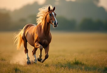 Obraz premium Majestic chestnut horse galloping freely through a golden field at sunset.