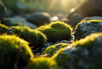 Sunlit green moss on wet rocks in a forest stream.