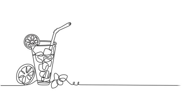 Abstract Cold Mojito Cocktail with lime and mint straw, Self drawing animation one continuous line draw, logo, Glass of mojito, or cocktail with lemon and mint. Continuous line drawing. full length.