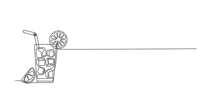 Abstract Cold Mojito Cocktail with lime and mint straw, Self drawing animation one continuous line draw, logo, Glass of mojito, or cocktail with lemon and mint. Continuous line drawing. full length.
