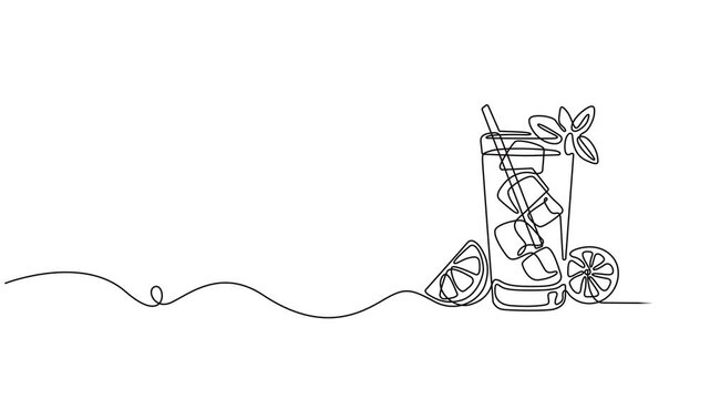 Abstract Cold Mojito Cocktail with lime and mint straw, Self drawing animation one continuous line draw, logo, Glass of mojito, or cocktail with lemon and mint. Continuous line drawing. full length.