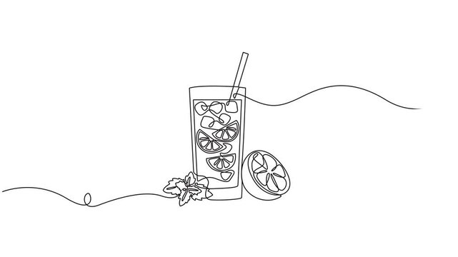Abstract Cold Mojito Cocktail with lime and mint straw, Self drawing animation one continuous line draw, logo, Glass of mojito, or cocktail with lemon and mint. Continuous line drawing. full length.