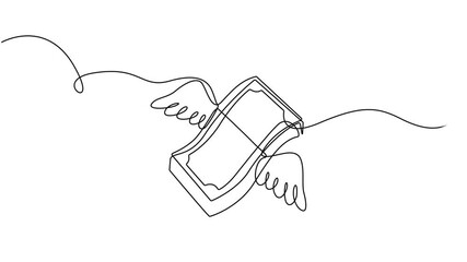 Flying money emoji with wings animation continuous one line drawing, Money doodle drawing, hand drawn sketch. Paper banknote with wings, Full length single line animation, Doodle of Money flying like