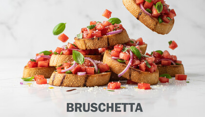 Fototapeta premium Delicious Bruschetta Appetizers With Fresh Tomatoes And Basil Toasted Bread With Grilled Marks And A Light Background