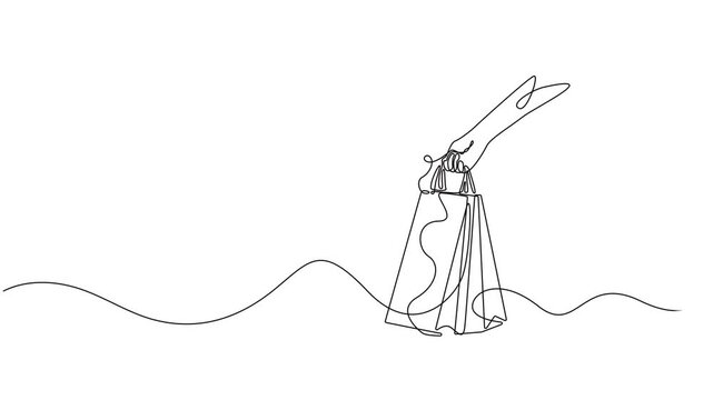 One continuous line drawing of hand holding bag. Self drawing animation of shopping concept, Carry the shopping with eco friendly bags. Full length single line animation, National Brown Bag It Day.