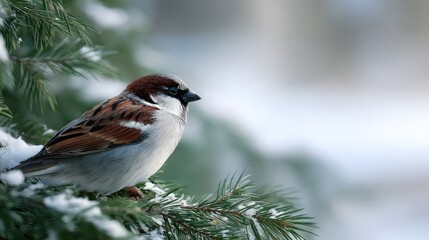 A small bird rests on a snow-dusted branch, enjoying the serene winter landscape as snowflakes gently fall around it