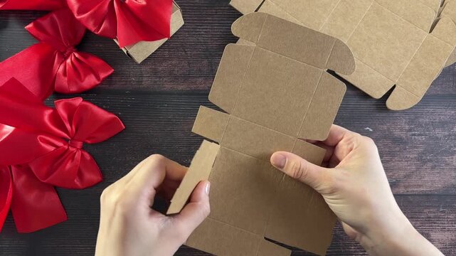 Hands fold a cardboard template into a gift box alongside bright red satin bows. The scene highlights the process of preparing elegant packaging.