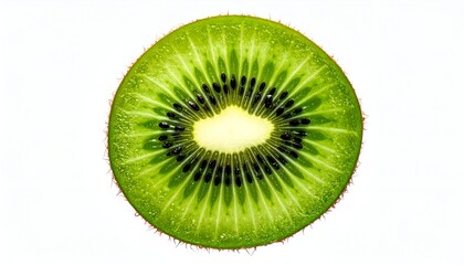 Close-up of a kiwi slice, showing the details of the flesh and skin, on a white background