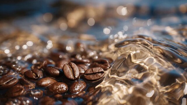 104Close-up of roasted coffee beans floating in crystal-clear water, tiny air bubbles clinging to their surfaces, warm light refracting through ripples creating a dreamy composition