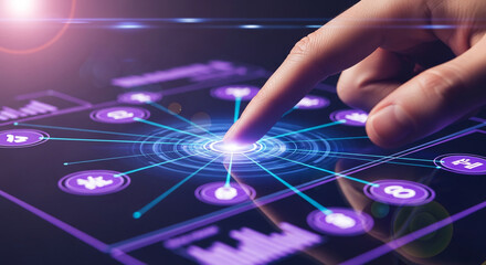 Close-up of a finger touching an interactive interface with icon circles and connected lines, representing connection, technology and user experience