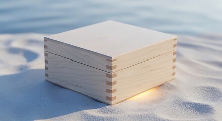 Elegant wooden box on a white sand beach awaits your special gift inside
