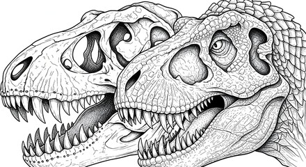 Detailed line art illustration of two dinosaur skulls with intricate bone and scale textures.