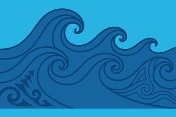 Stylized blue ocean waves with swirling patterns