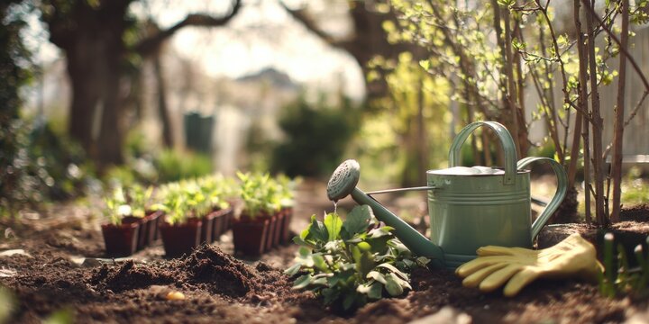 Spring garden scene with seedlings, watering can, and gardening gloves in soft sunlight