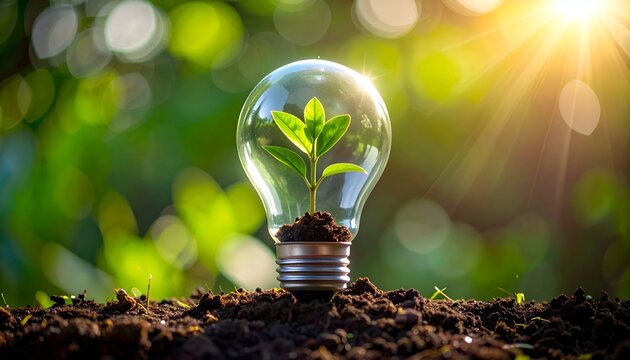 A lightbulb with a growing plant inside symbolizing green energy and sustainable growth - Powered by Adobe