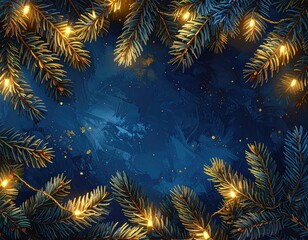 Festive fir frame, warm fairy lights, cool blue backdrop