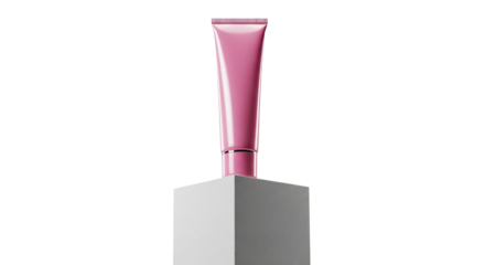 Pink hydrating tube on elevated rectangular plinth