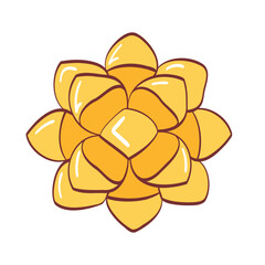 Yellow pull bow, floral tied ribbon in cartoon style, pom pom gift bow, with outline