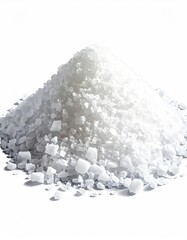 Grainy white mound of salt crystals on a stark white surface