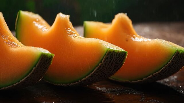 Freshly sliced melon on a table, perfect for serving or garnishing