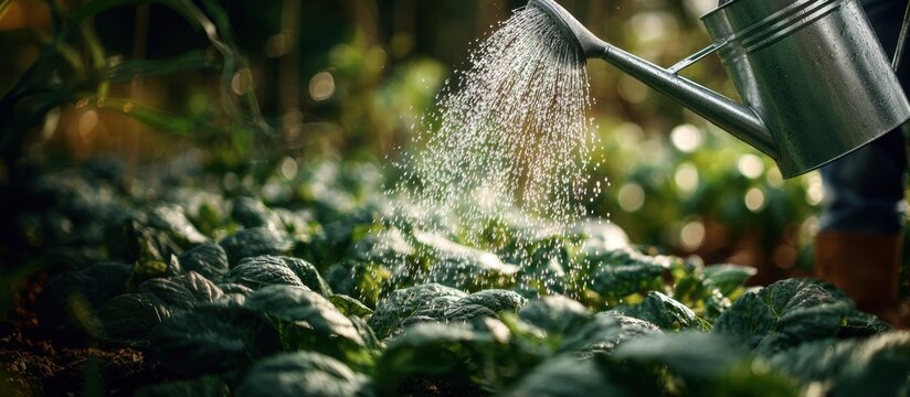 Watering green plants with sunlight reflections creating a serene gardening scene