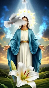 Reverent Virgin Mary extends her open hands under divine rays. Two white doves ascend near a sparkling star halo. Pure lilies blossom in green fields, celestial blue sky. Immaculate Conception,