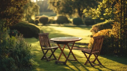 Fototapeta premium Relaxing wooden garden table set under warm sunlight on a smooth green lawn