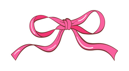Flowy thin pink ribbon, freely tied bow in cartoon style with long tails, with outline