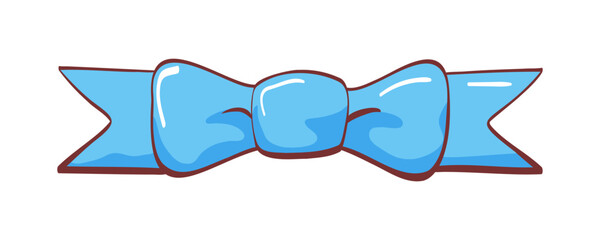 Blue flat bow or bow tie in cartoon style, horizontal ribbon with square knot, with outline