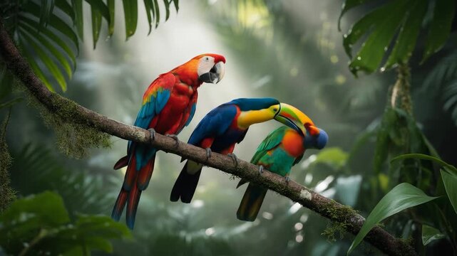 Colorful parrots perched on a tree branch amidst lush tropical foliage in a vibrant rainforest setting