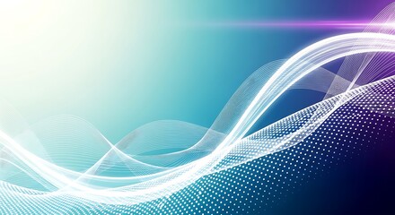 Abstract background with glowing particles forming wavy lines, creating a dynamic and futuristic design with a blend of light blue and purple hues