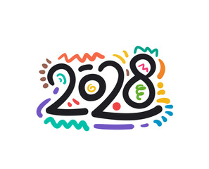 Festive 2028 Doodle Typography. Fun Colorful New Year Banner Design