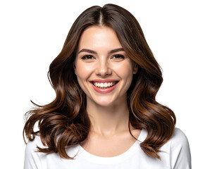 Portrait of happy woman smiling and laughing with long brown hair, isolated on a transparent background.