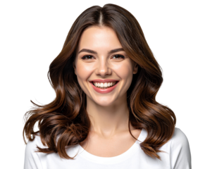 Portrait of happy woman smiling and laughing with long brown hair, isolated on a transparent background.