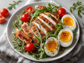 An example of a healthy breakfast. Eggs, tomatoes, meat, and greens on a white plate. Close-up.