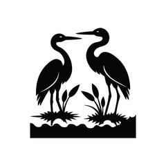 Heron silhouette with reeds isolated on white background isolated on transparent background