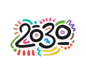 Cheerful 2030 Number Design in Doodle Art Style. Modern and Bright